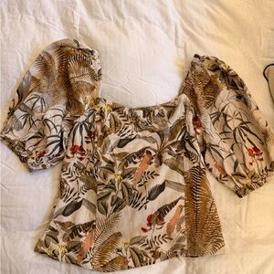 H&M Tropical Print Puff Sleeve Linen Blouse